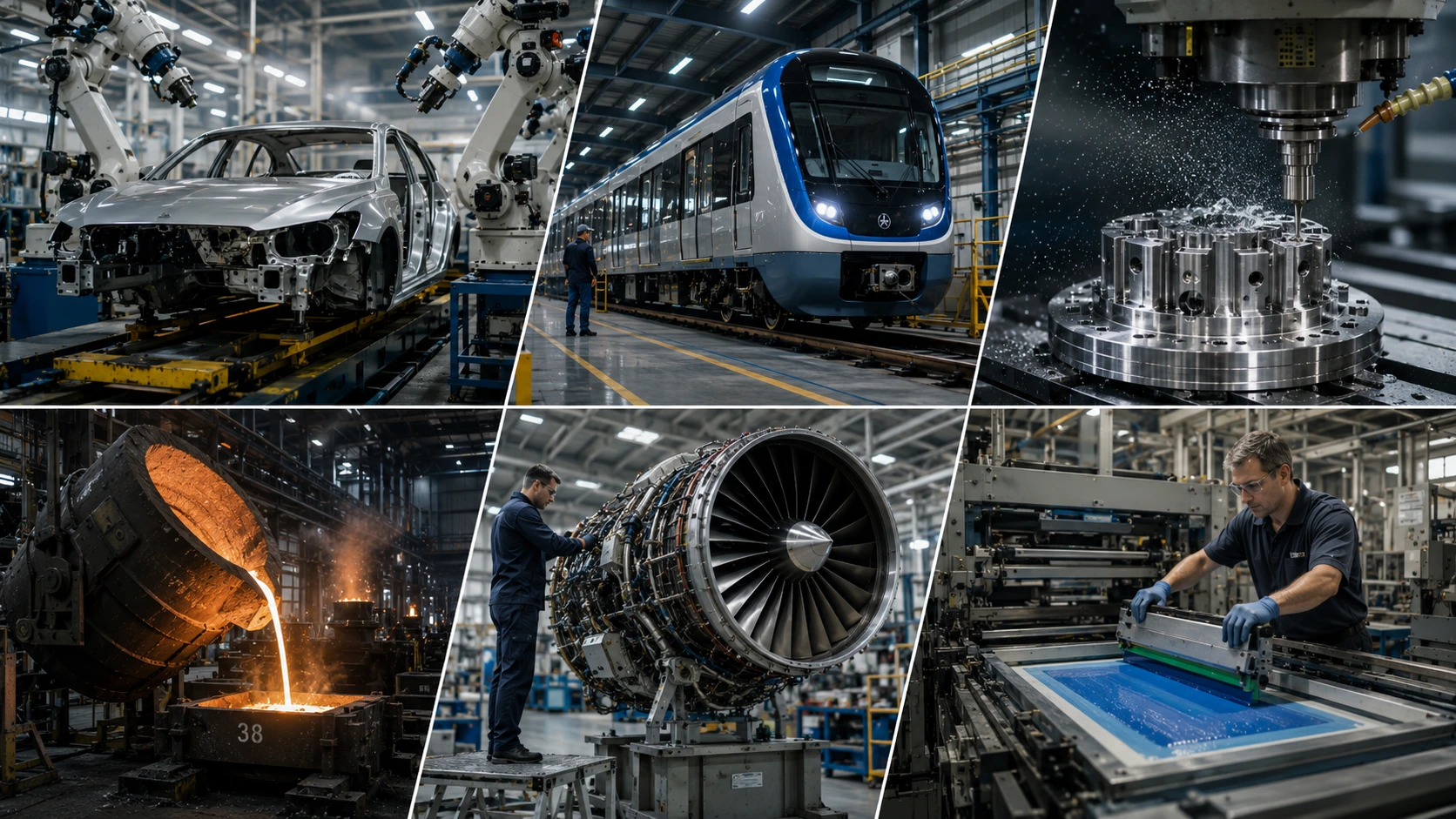 Montage illustrant les applications industrielles d’OxyOne en automobile, ferroviaire, usinage, métallurgie, aéronautique et industrie graphique.