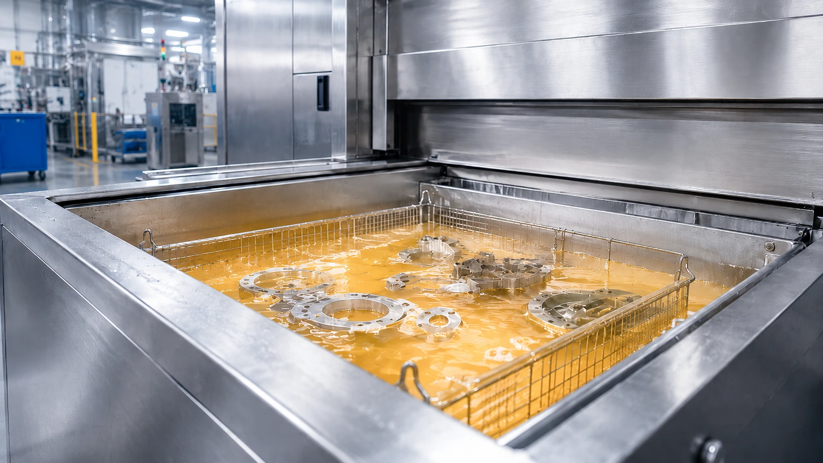 Bain de lavage industriel contenant un produit dégraissant jaune orangé de type Oxyone pour le nettoyage de pièces industrielles