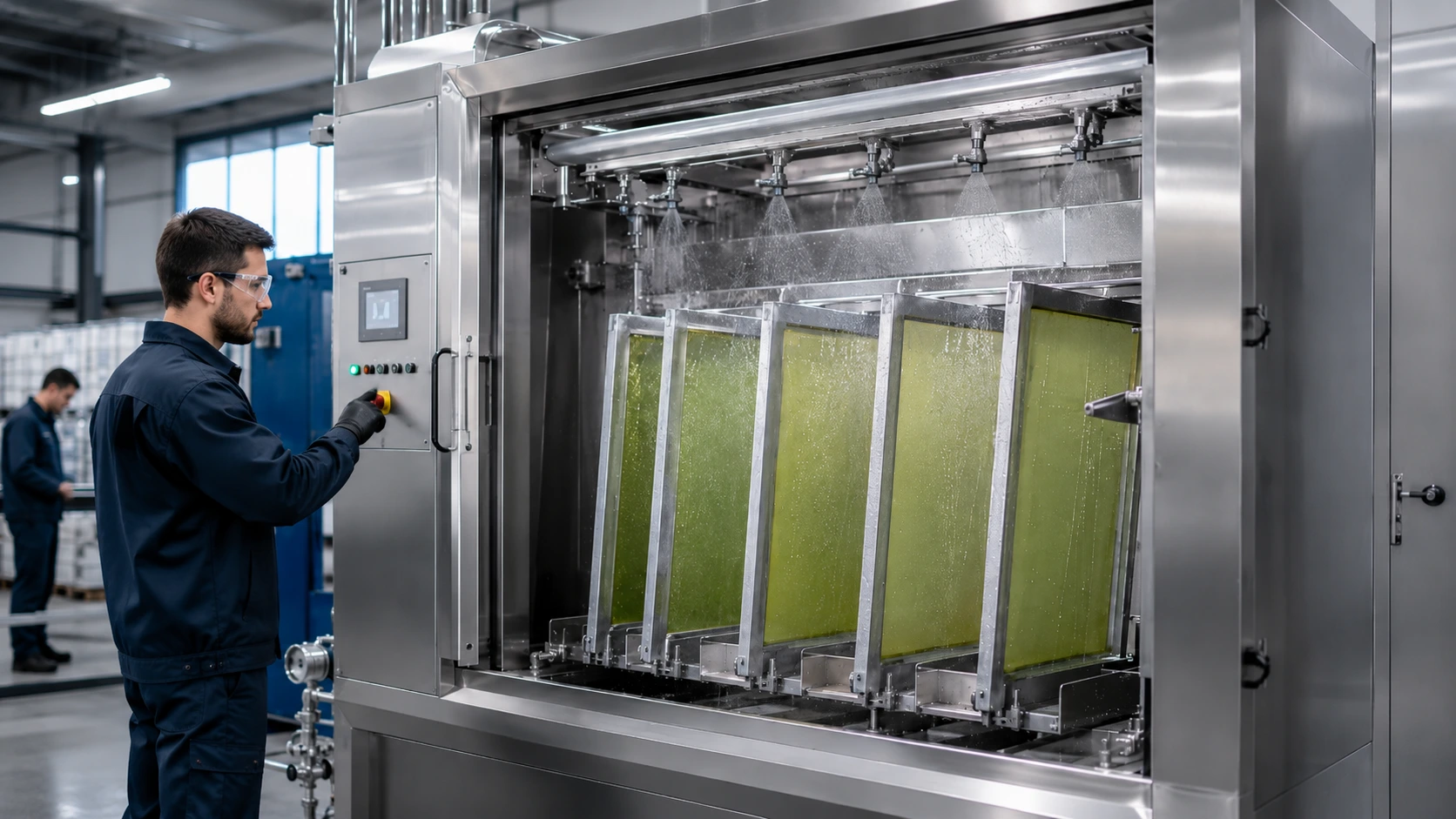 Opérateur utilisant une machine de lavage industriel par aspersion pour le nettoyage et le dégraissage de pièces mécaniques avec OxyOne OXELYS.