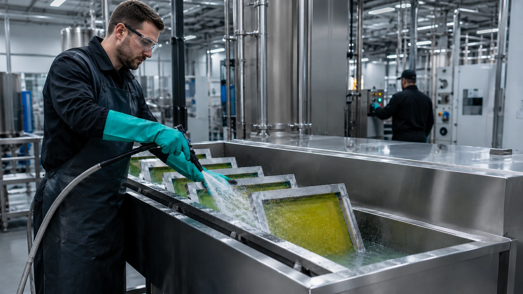 Opérateur équipé de gants et lunettes nettoyant des cadres ou écrans en bac industriel avec une solution OxyOne OXELYS.