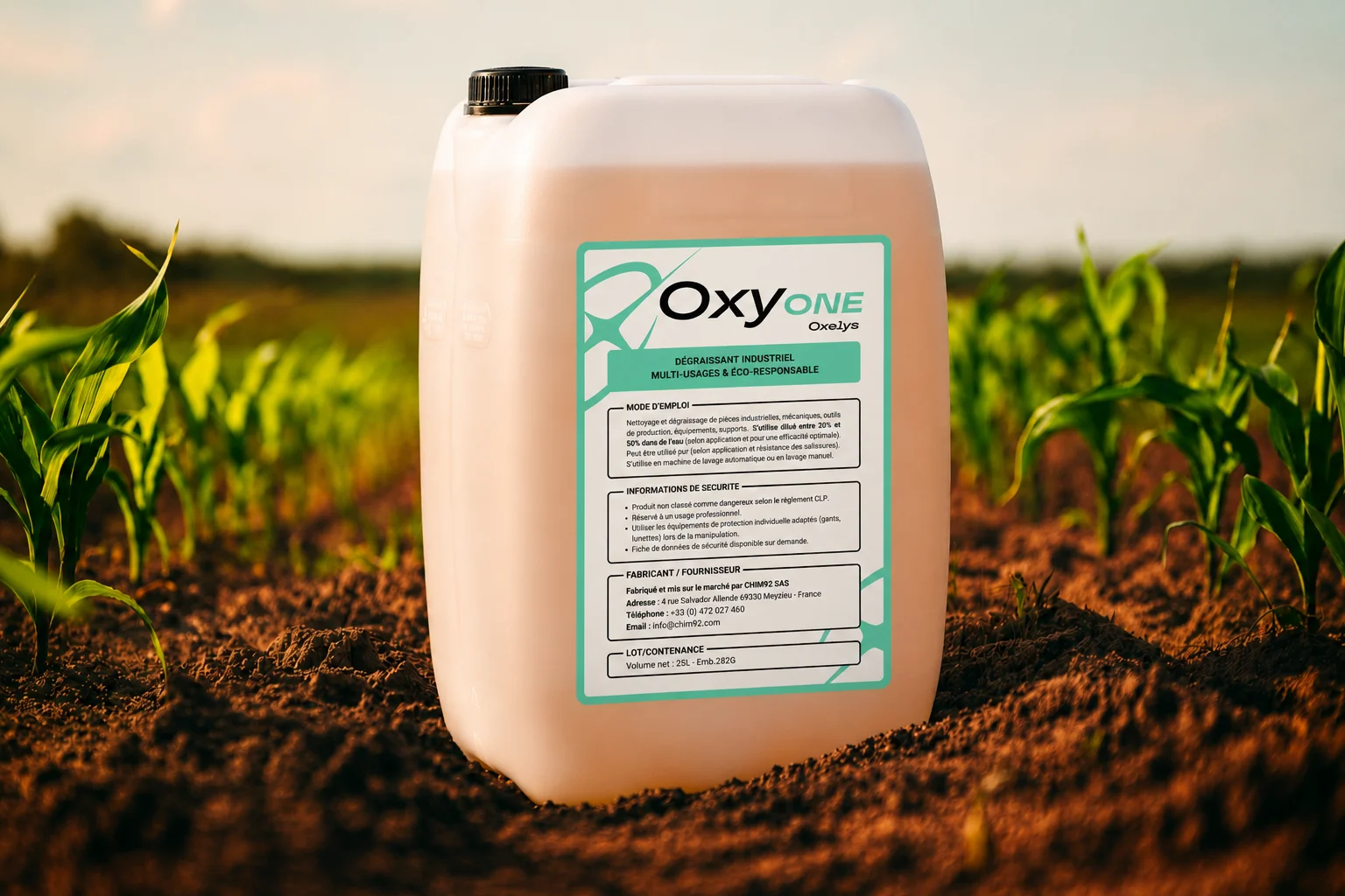 Bidon OxyOne OXELYS présenté dans un environnement végétal, dégraissant industriel éco-responsable fabriqué par CHIM92.