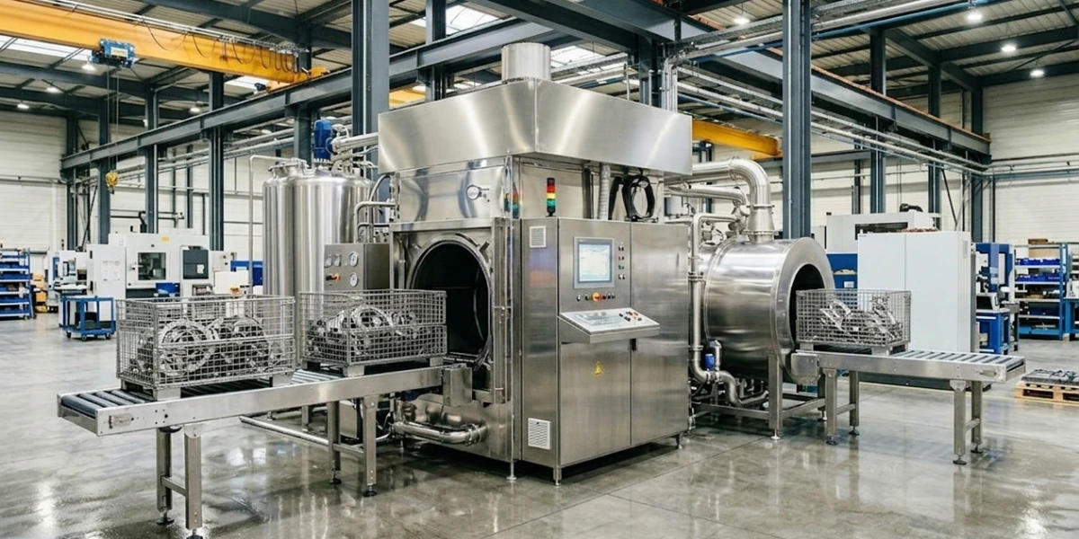 Système de lavage industriel automatisé avec paniers de pièces mécaniques pour nettoyage et dégraissage avec une solution OxyOne OXELYS.