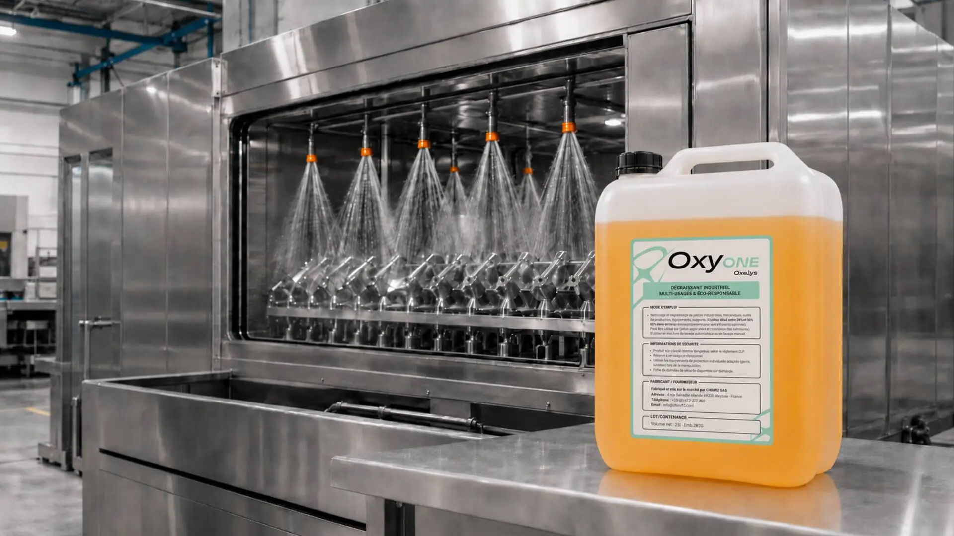 Bidon OxyOne devant une machine de lavage industriel par aspersion pour le nettoyage et le dégraissage de pièces mécaniques.