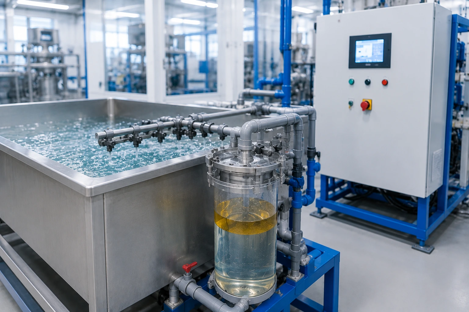 Optimisation d'un bain de lavage industriel pour réduire les coûts d'exploitation Optimisation d'un bain de lavage industriel avec contrôle des paramètres chimiques, filtration et séparation des huiles.
