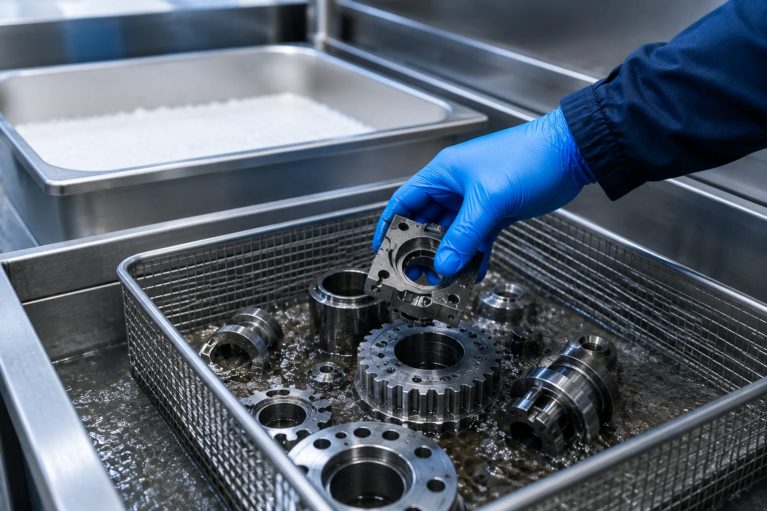Opérateur manipulant des pièces mécaniques nettoyées dans une solution aqueuse de dégraissage industriel en remplacement des solvants dangereux.