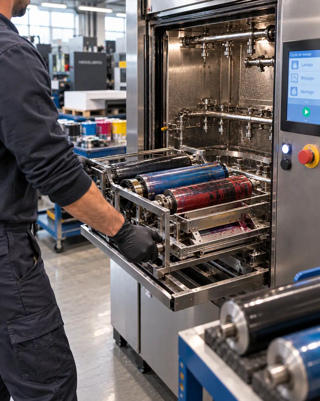 Nettoyage de rouleaux d'impression dans une machine de lavage industrielle