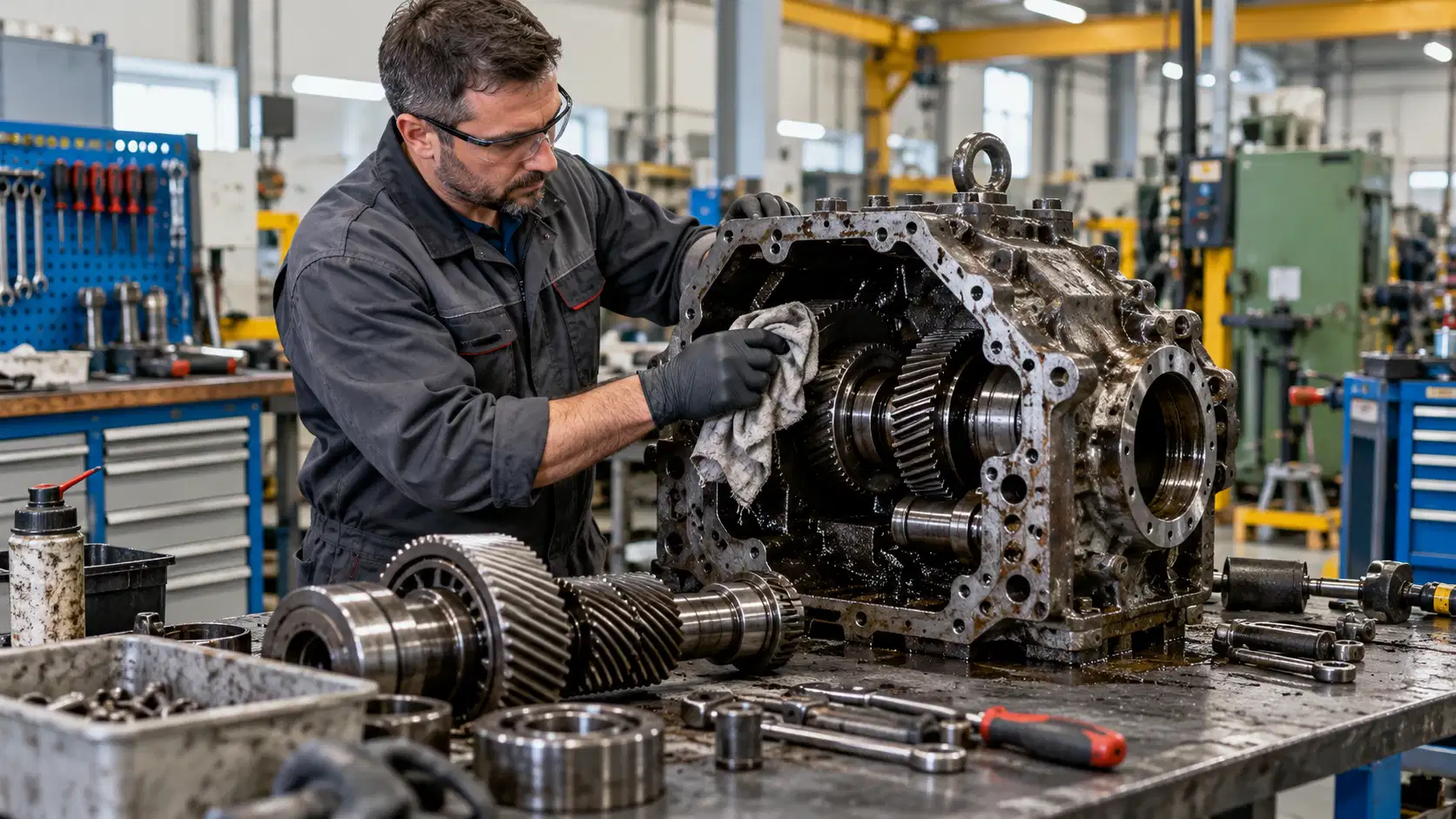 Nettoyage et dégraissage en maintenance industrielle – CHIM92 Technicien nettoyant un ensemble mécanique et des engrenages présentant des résidus de graisse dans un atelier industriel.
