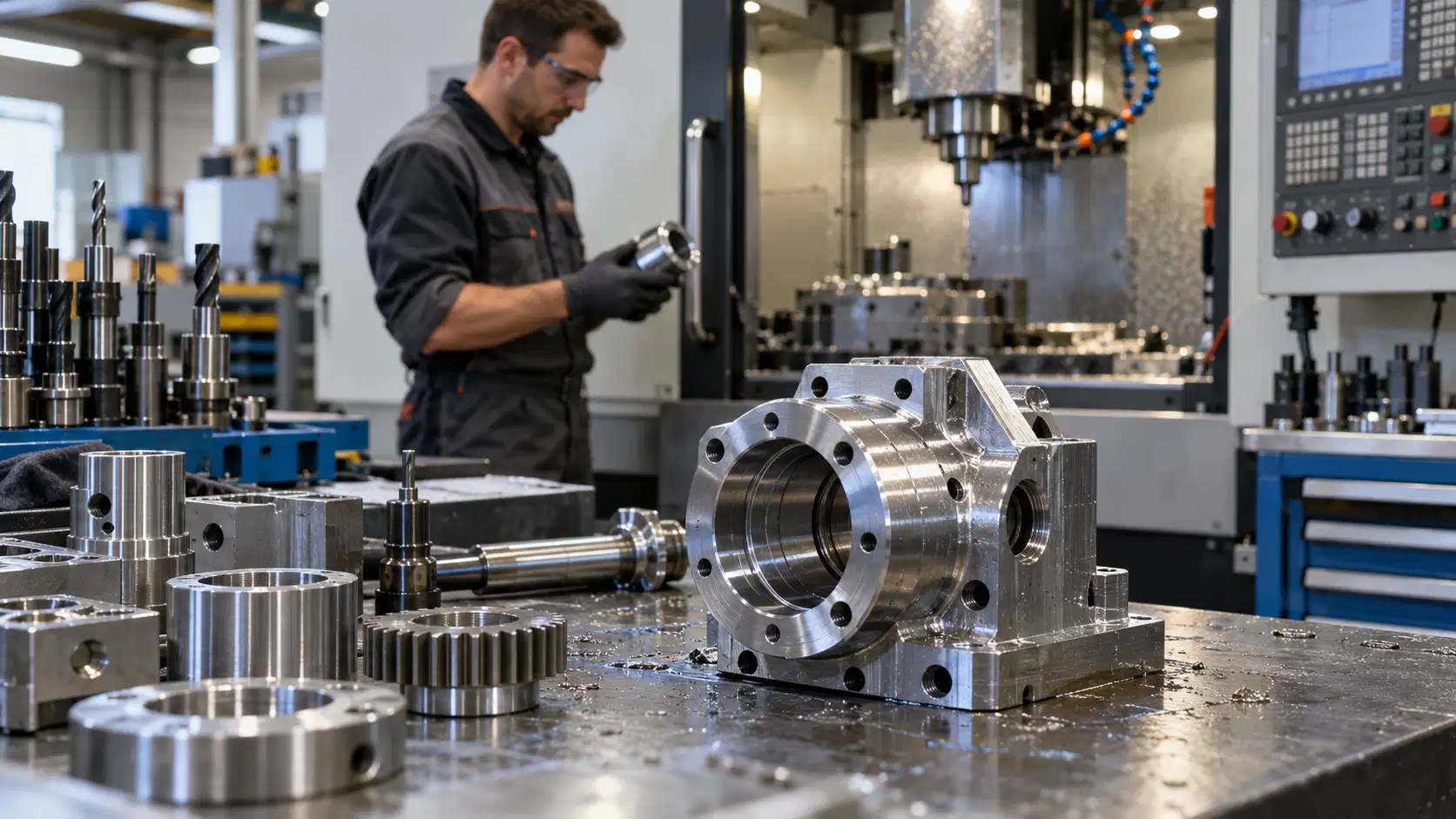 Dégraissage des pièces usinées – Industrie mécanique | CHIM92 Pièces métalliques usinées avec traces d'huile de coupe dans un atelier de mécanique équipé d'une machine CNC.
