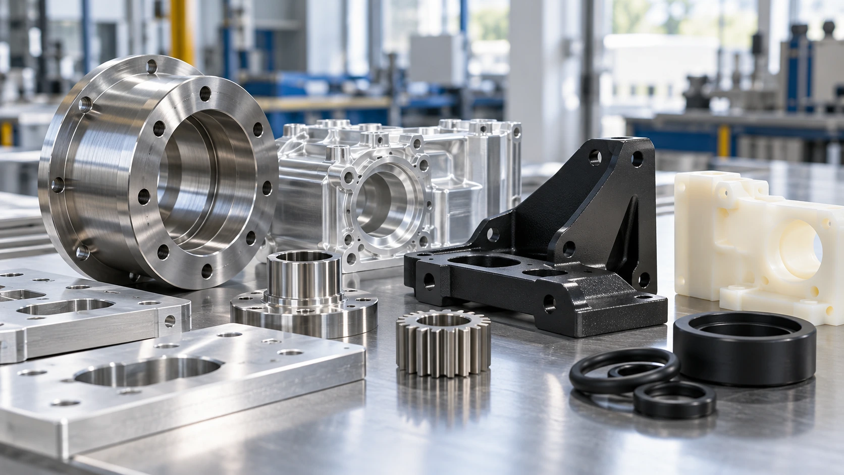 Pièces industrielles en acier inoxydable, aluminium, plastique et caoutchouc illustrant les matériaux compatibles avec le nettoyage industriel.