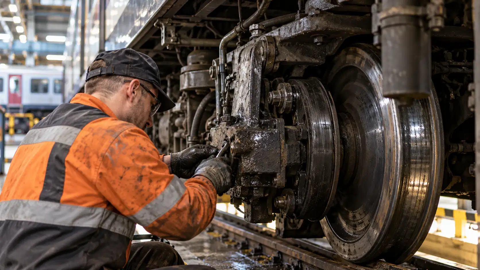 Nettoyage et maintenance des équipements ferroviaires – CHIM92 Technicien intervenant sur un bogie ferroviaire et des composants mécaniques présentant des traces de graisse.
