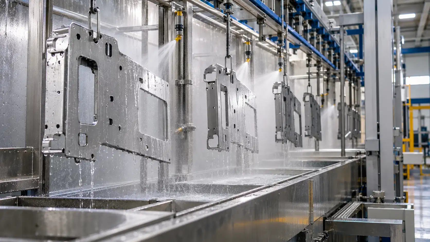 Préparation et dégraissage avant peinture industrielle – CHIM92 Pièces métalliques suspendues sur une ligne industrielle de nettoyage et de préparation des surfaces avant peinture.