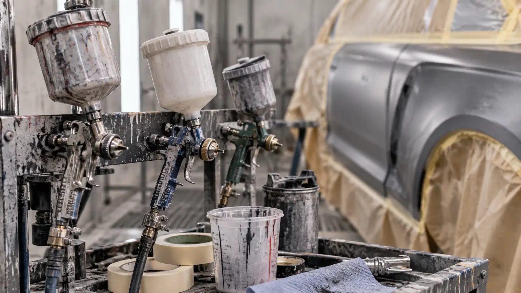 Nettoyage des pistolets de peinture en carrosserie – CHIM92 Pistolets de peinture professionnels présentant des traces de peinture dans un atelier de carrosserie automobile.