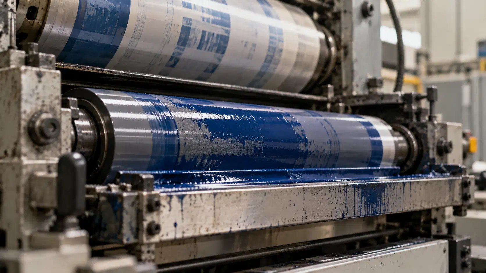 nNettoyage des rouleaux d'impression industrielle – CHIM92 Rouleaux d'impression industrielle présentant des résidus d'encre bleue dans un atelier d'imprimerie.